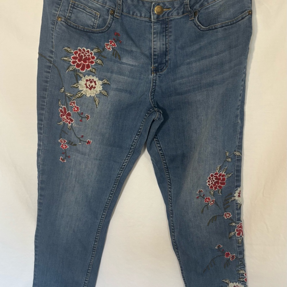 Embroidered Red Floral Skinny Jeans - Women